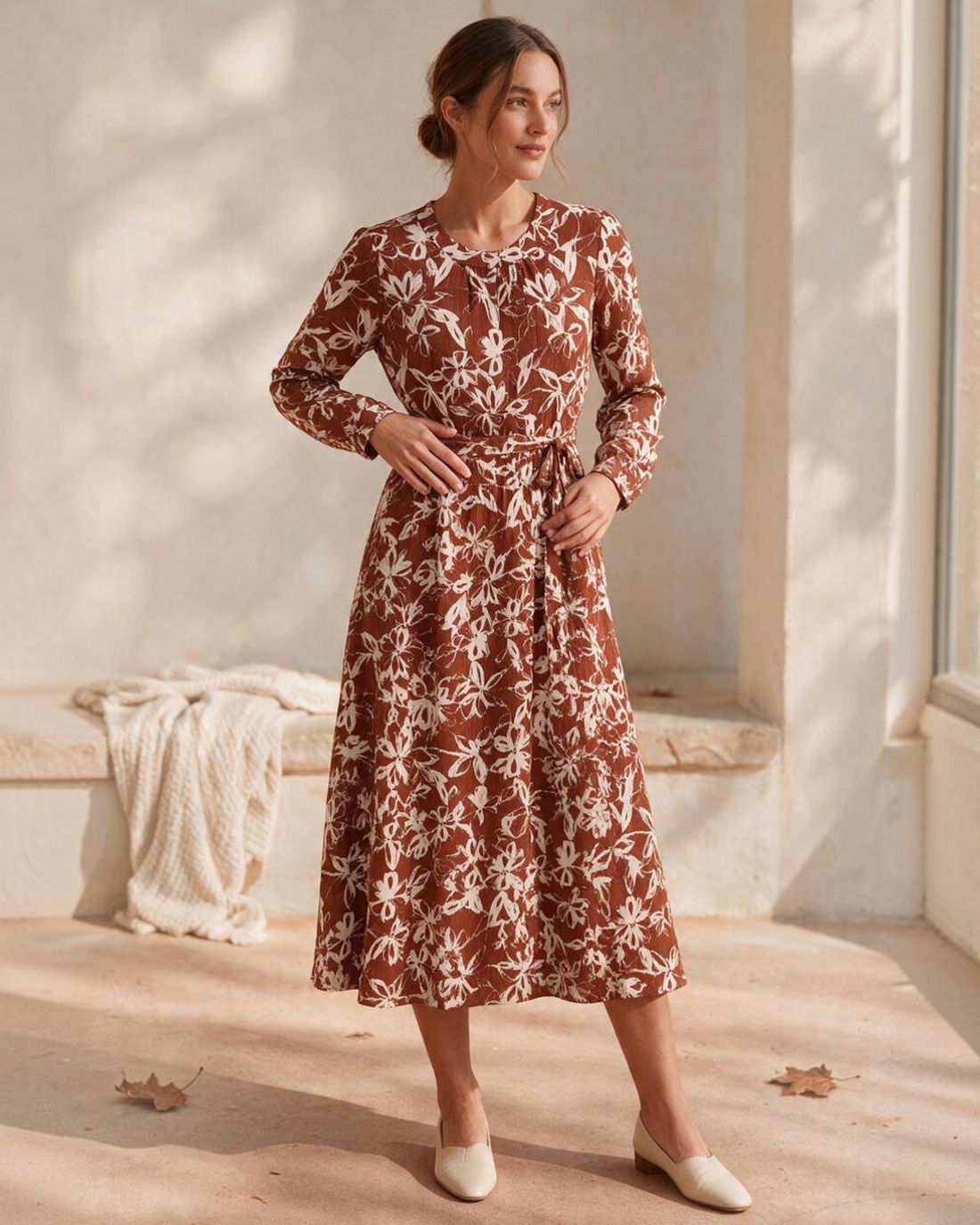 Modelo con vestido largo Yanet Collective terracota y crema de manga larga con estampado floral y cinturón ajustable