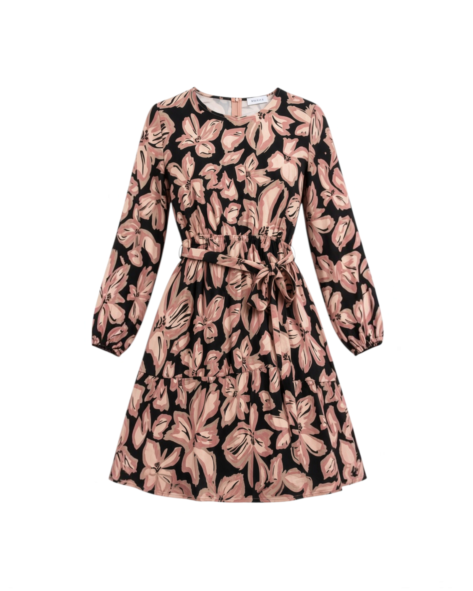 Vestido Yanet Collective de manga larga con estampado floral en tonos negro y rosa, corte a la rodilla y cinturón.