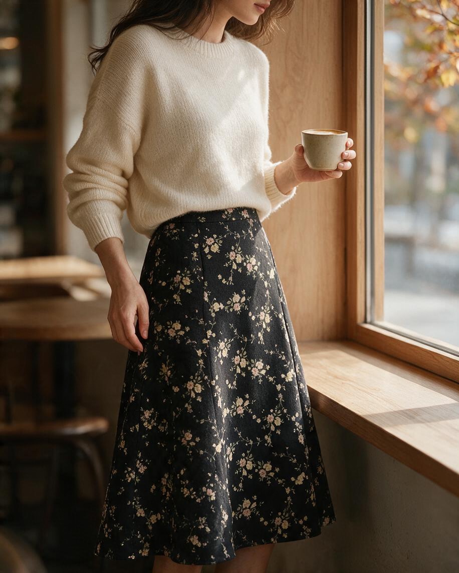 Falda Plisada Midi Color Negro con Flores