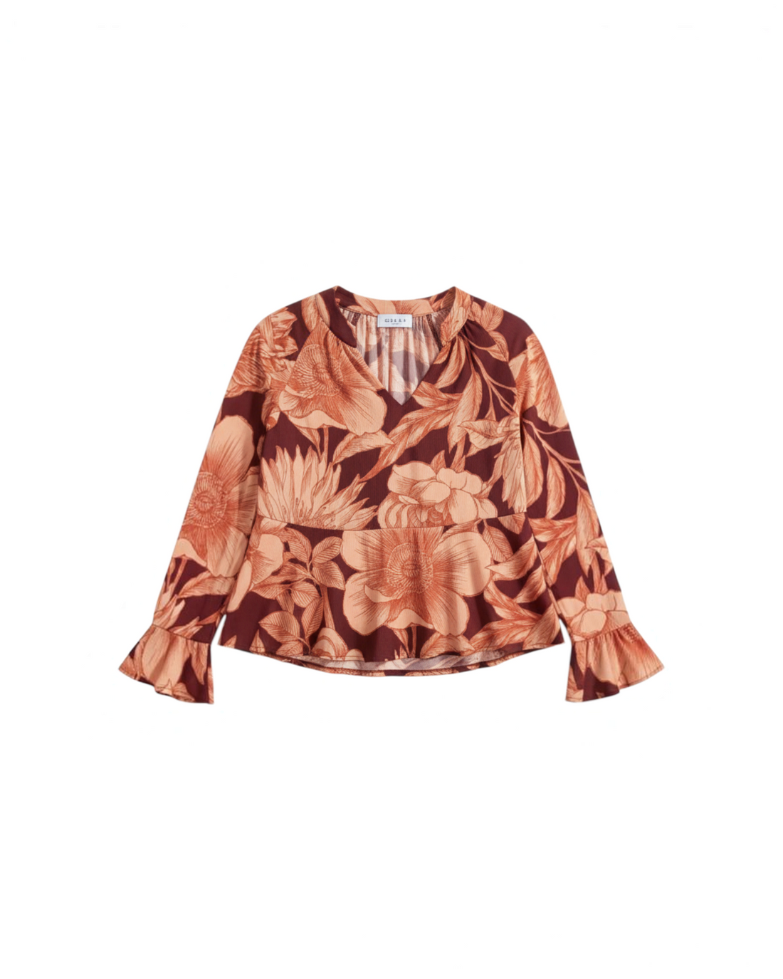 Blusa Yanet Collective color borgoña con estampado floral, escote en V y mangas largas con volantes