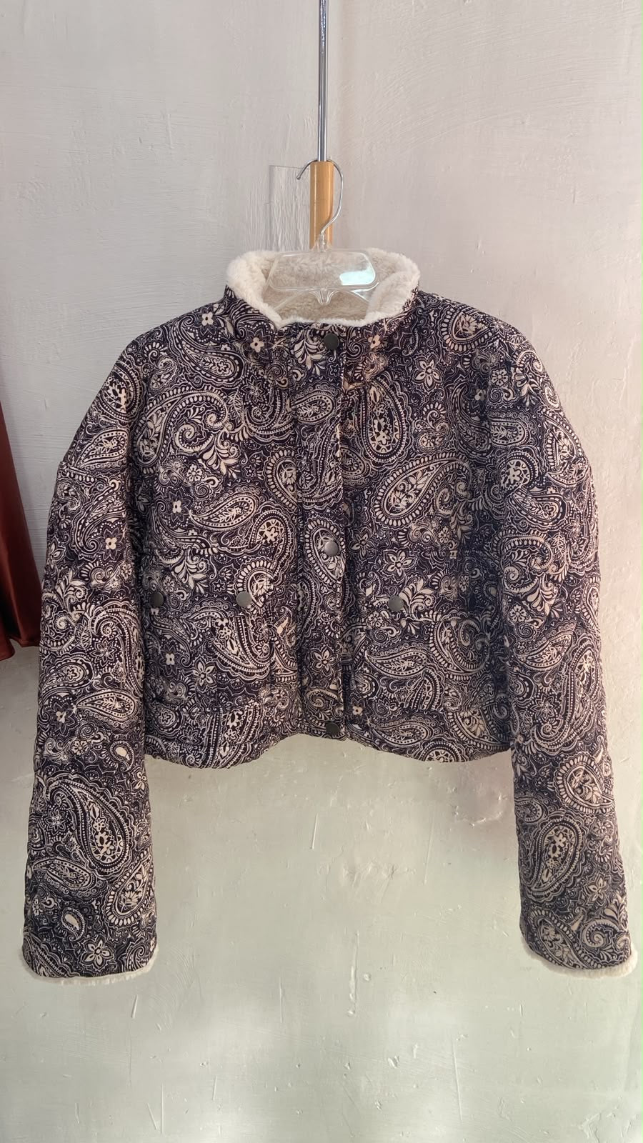 Navy Cropped Long Sleeve Jacket with Paisley Print