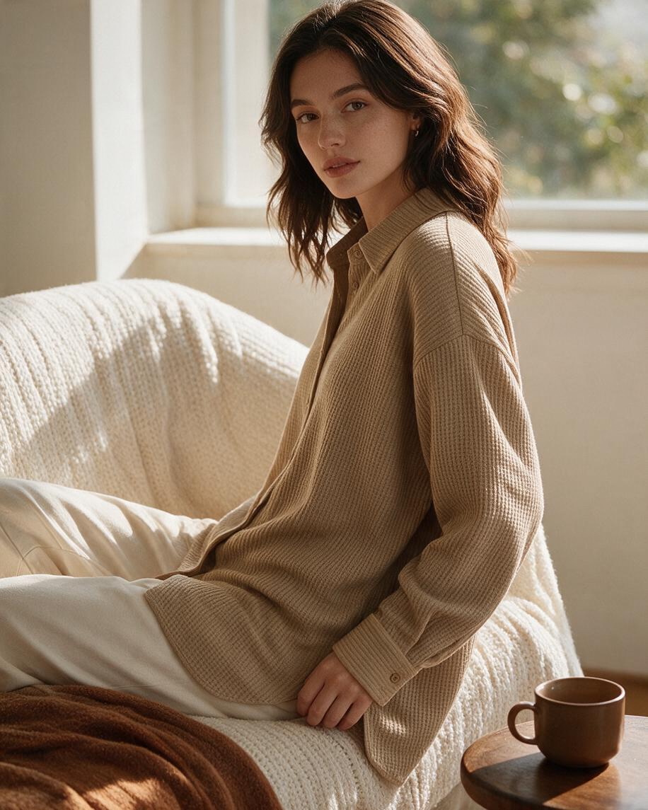 Camisa de Manga Larga con Botones Color Beige