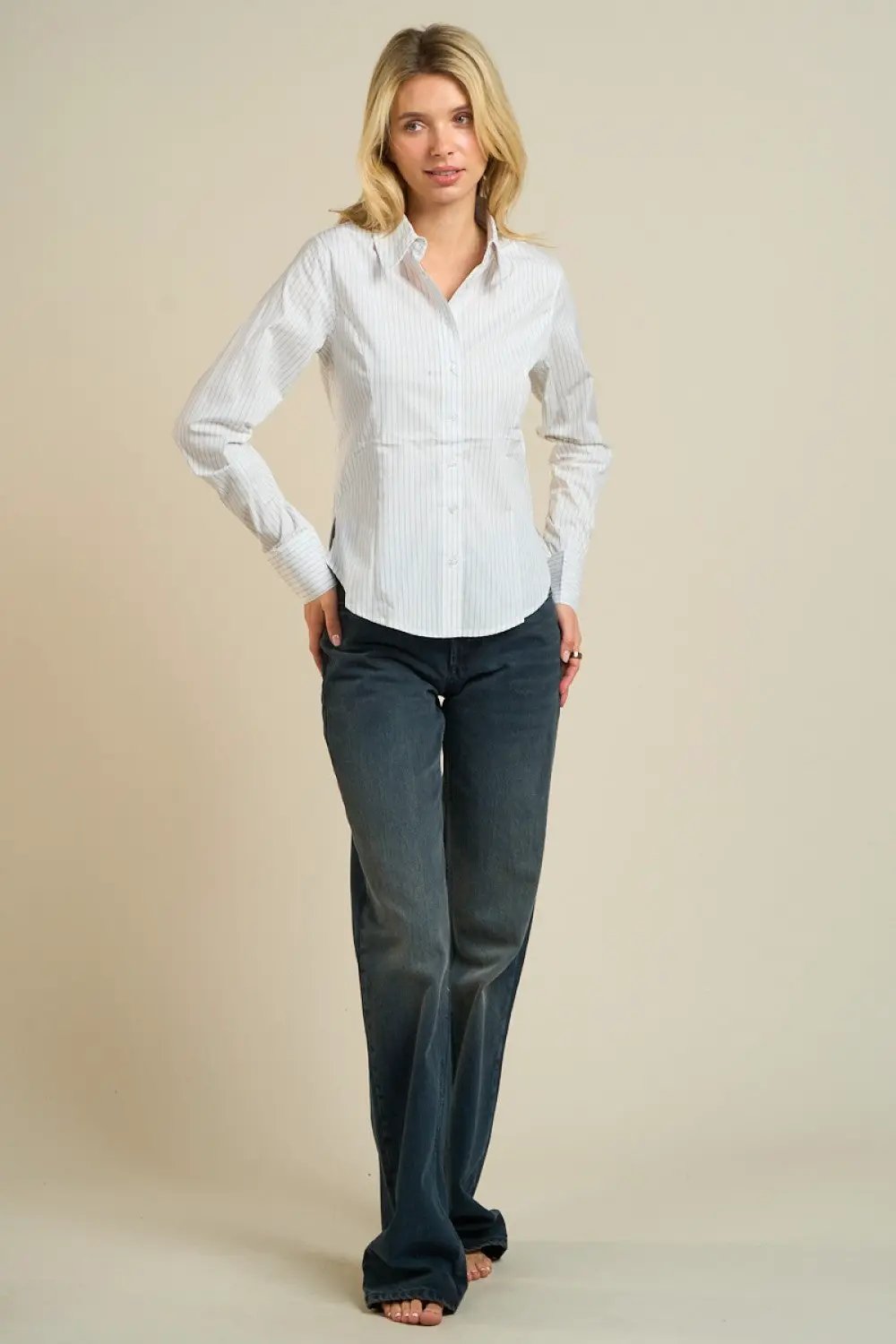 Camisa Blusa a Rayas Manga Larga Estilo Clásico Blanco by Yanet Collective