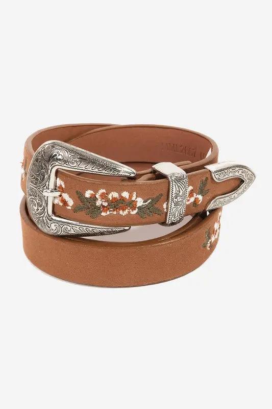 Flower Embroidered Etch Buckle Belt by Fame Accessories