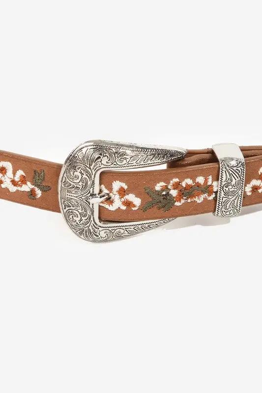 Flower Embroidered Etch Buckle Belt by Fame Accessories