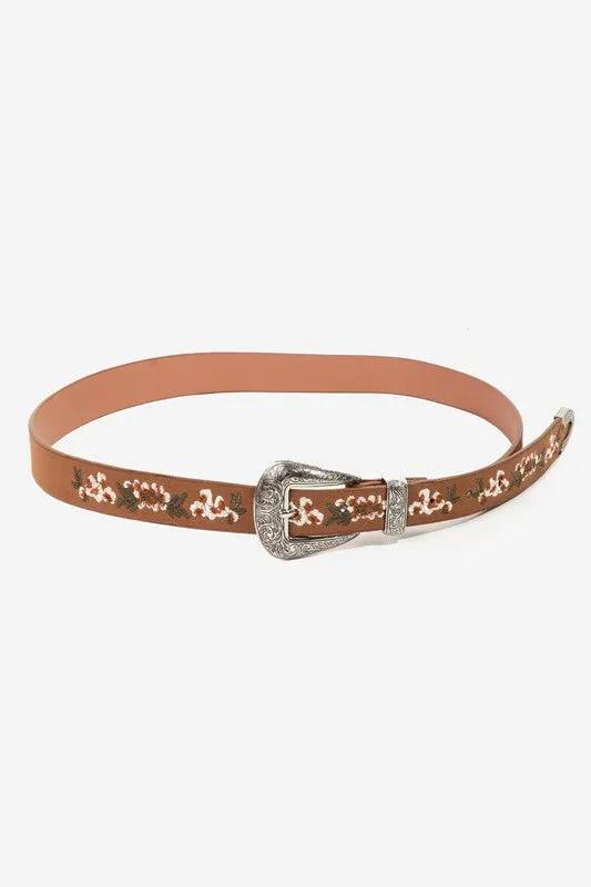 Flower Embroidered Etch Buckle Belt by Fame Accessories