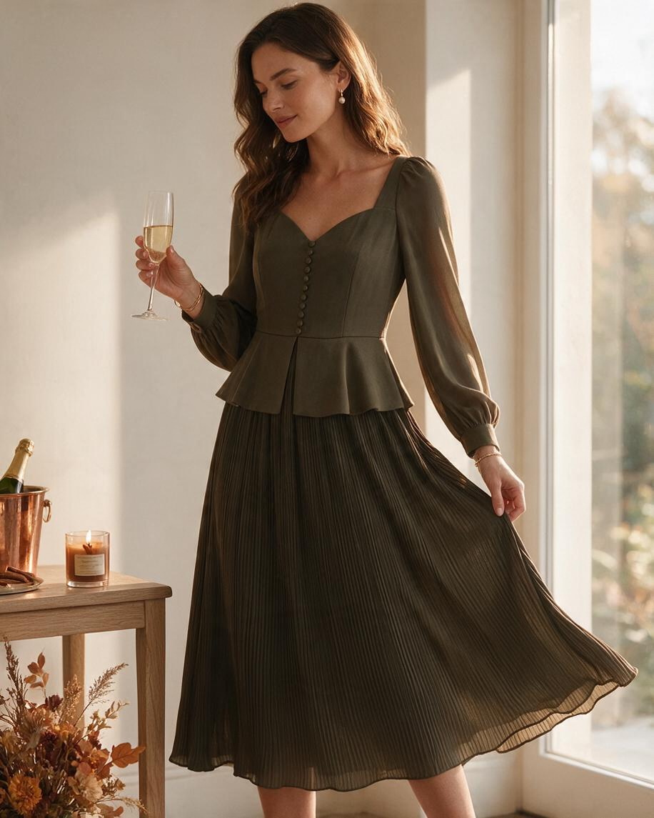 Mujer vistiendo un elegante vestido café Yanet Collective con falda plisada, manga larga y botones frontales.