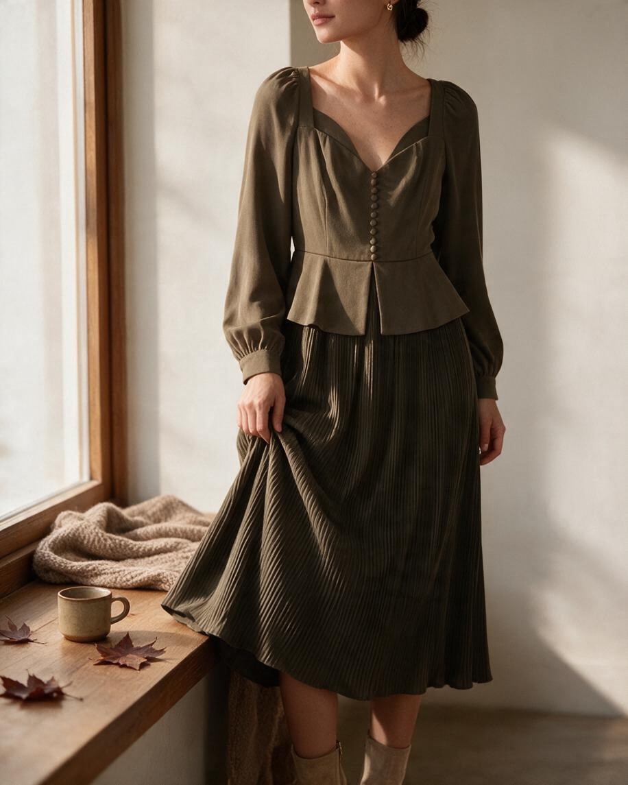 Vestido Yanet Collective café de manga larga con falda plisada y silueta línea A, ideal para eventos formales.
