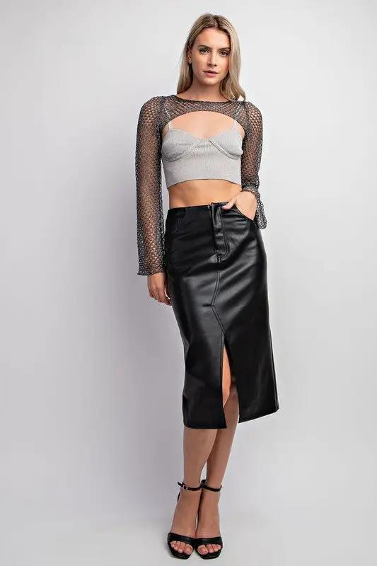 Falda negra de piel midi con bolsillos by Yanet Collection