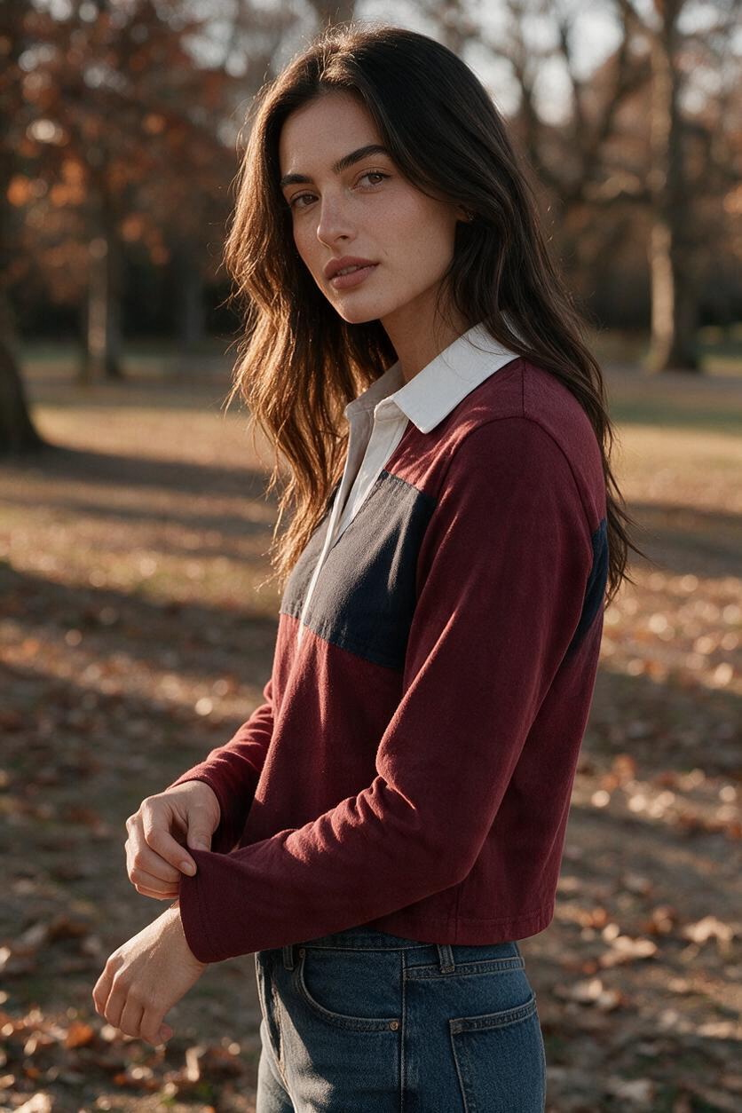 Polo de Manga Larga en Burdeos y Azul Marino - Estilo Boutique