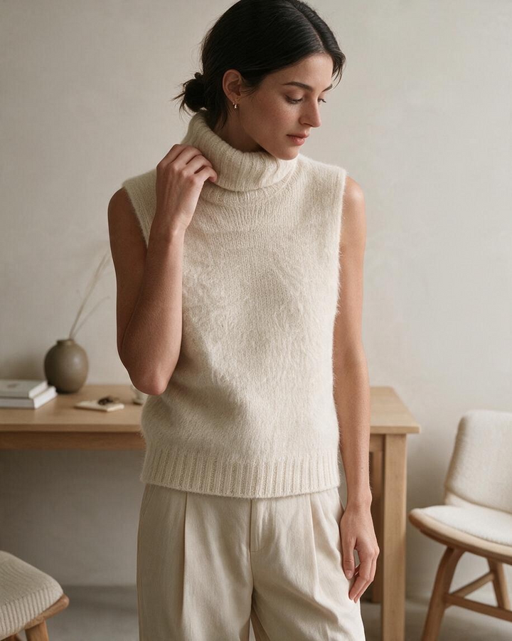 Suéter Sin Mangas de Cuello Alto en Crema - Textura Suave y Elegante