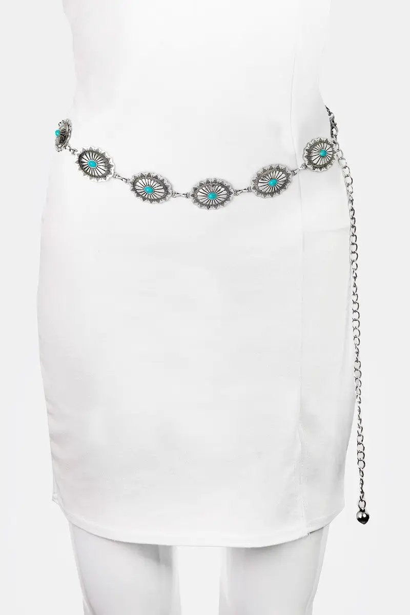 Western Oval Concho Turquoise Chain Belt by Fame Accessories