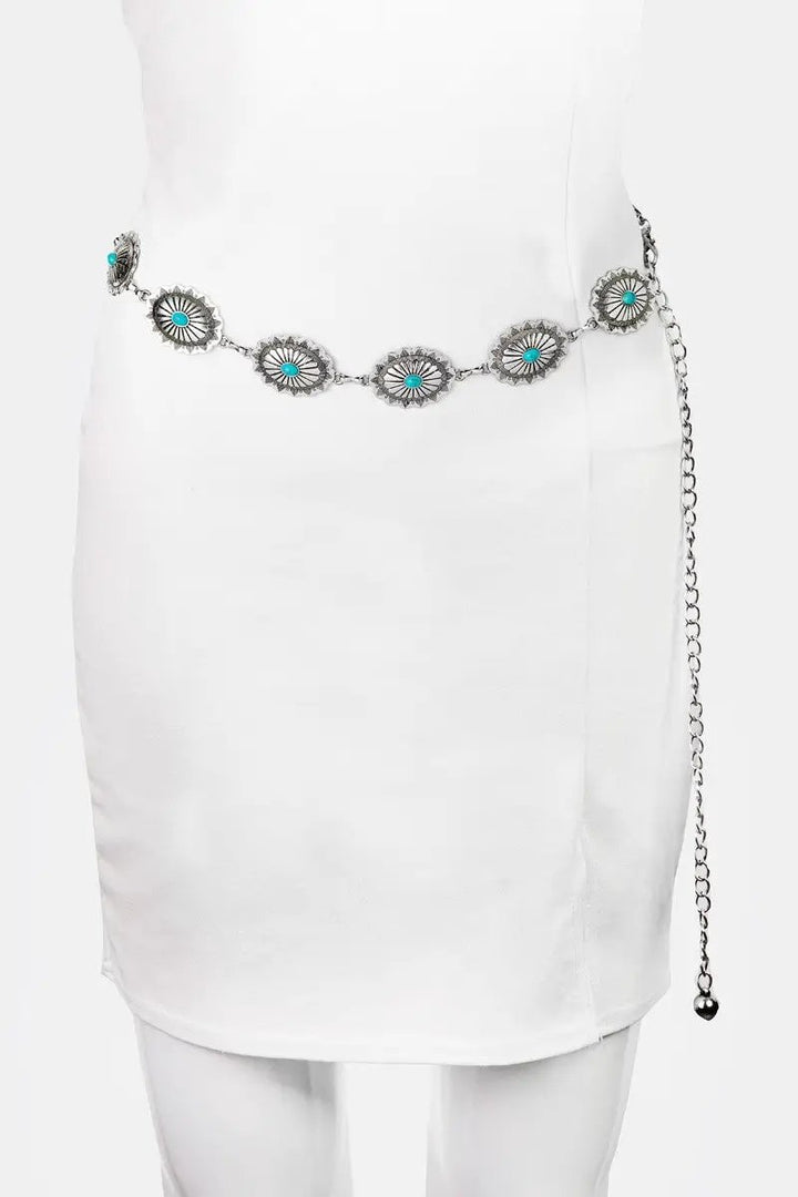 Western Oval Concho Turquoise Chain Belt by Fame Accessories