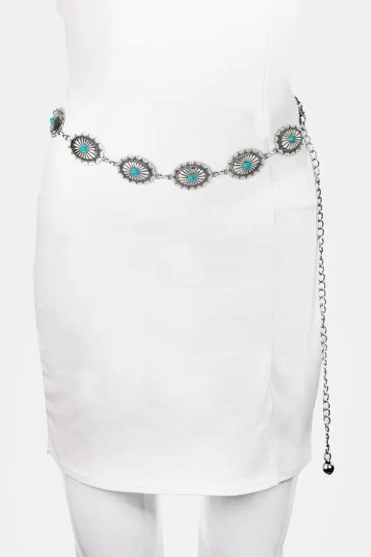 Western Oval Concho Turquoise Chain Belt by Fame Accessories