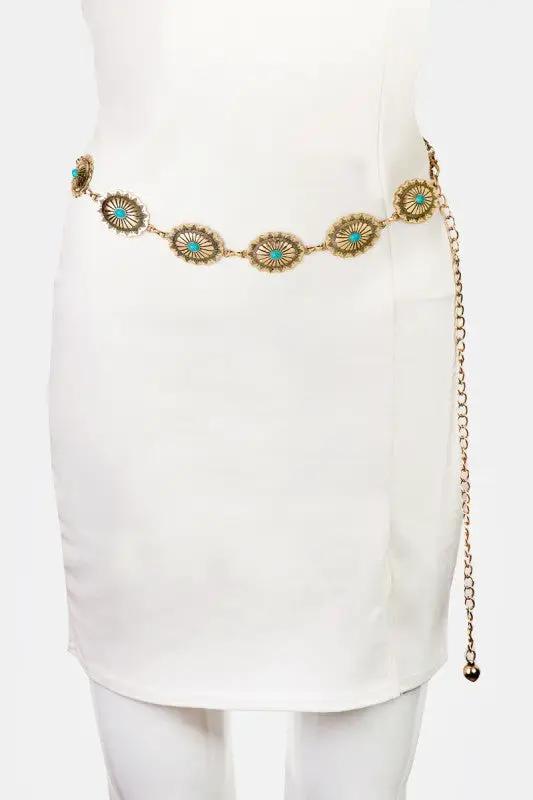 Western Oval Concho Turquoise Chain Belt by Fame Accessories
