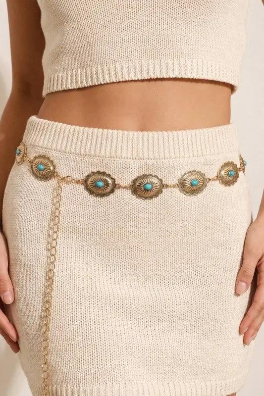 Western Oval Concho Turquoise Chain Belt by Fame Accessories