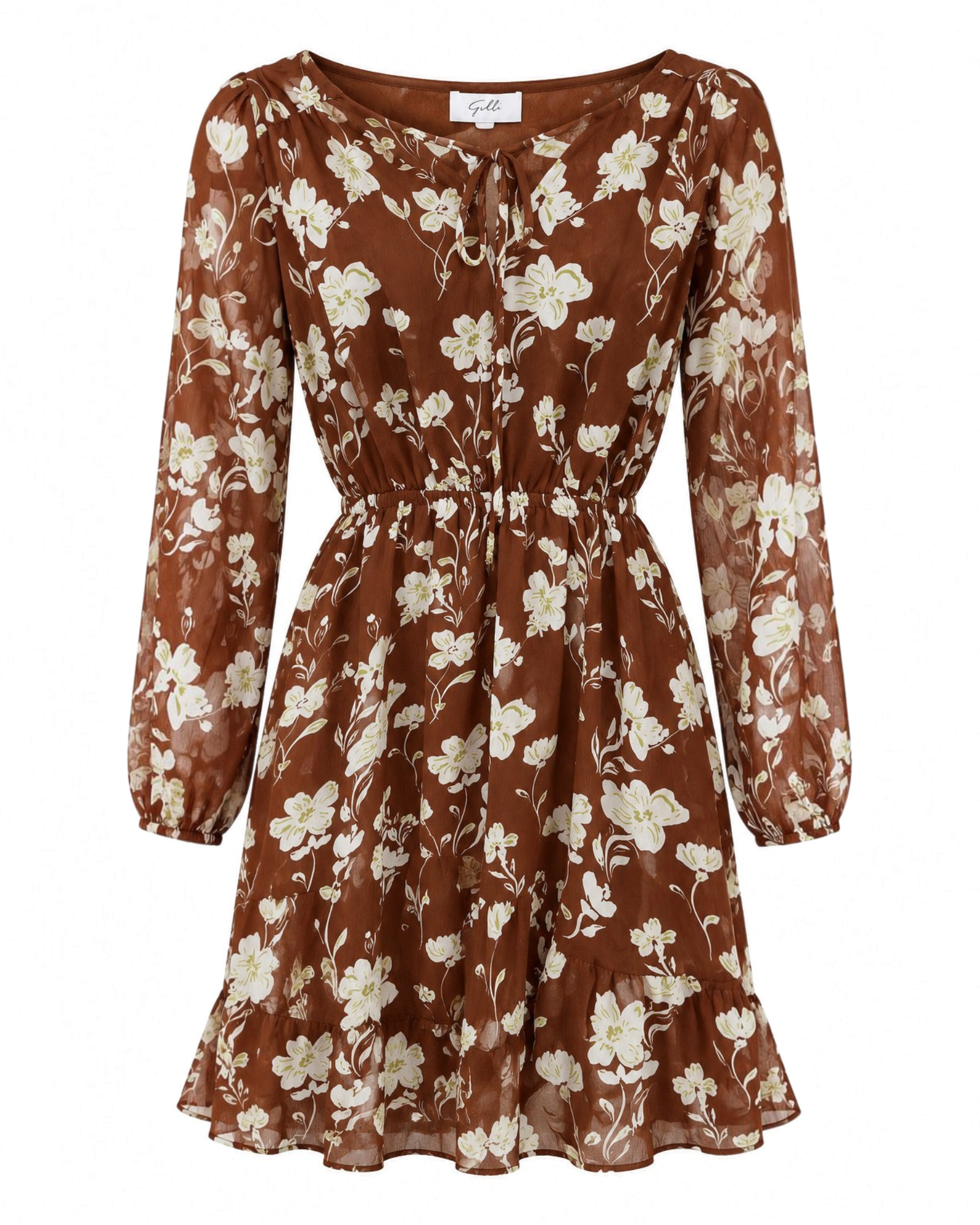 Vestido corto Yanet Collective de manga larga en color terracota con estampado floral y cintura ajustada