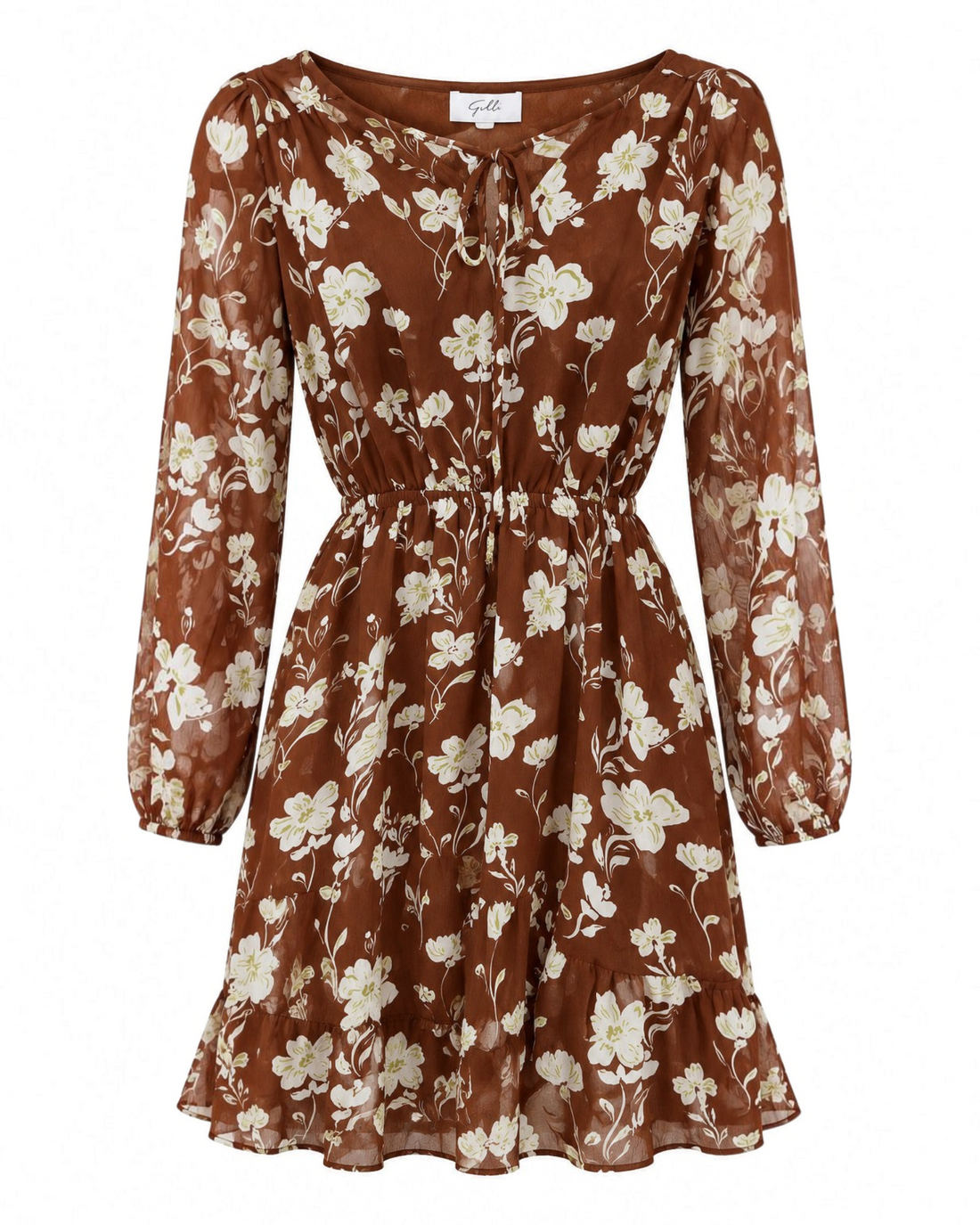 Vestido corto Yanet Collective de manga larga en color terracota con estampado floral y cintura ajustada