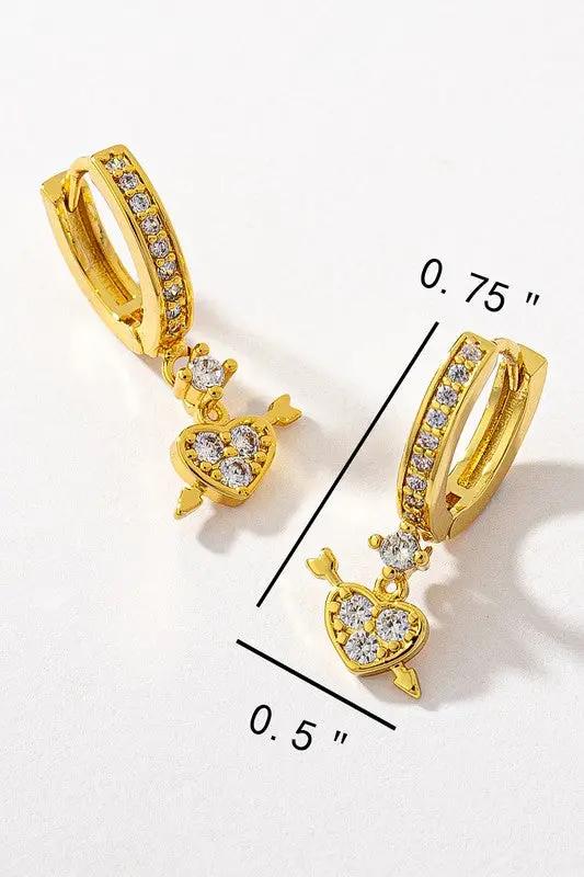Brass Pave Rhinestone Huggie With Heart Arrow Drop by LA3accessories