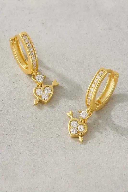 Brass Pave Rhinestone Huggie With Heart Arrow Drop by LA3accessories