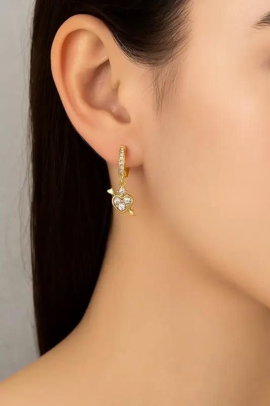 Brass Pave Rhinestone Huggie With Heart Arrow Drop by LA3accessories