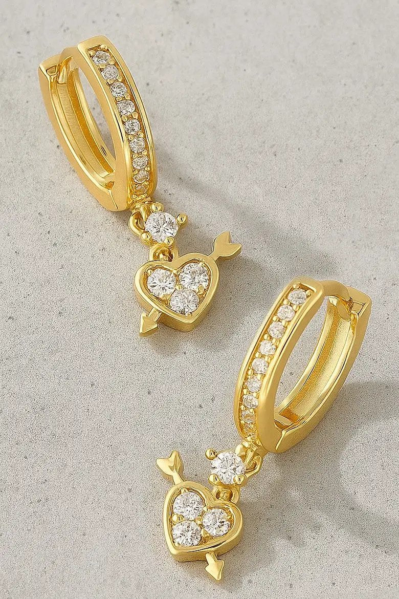 Brass Pave Rhinestone Huggie With Heart Arrow Drop by LA3accessories