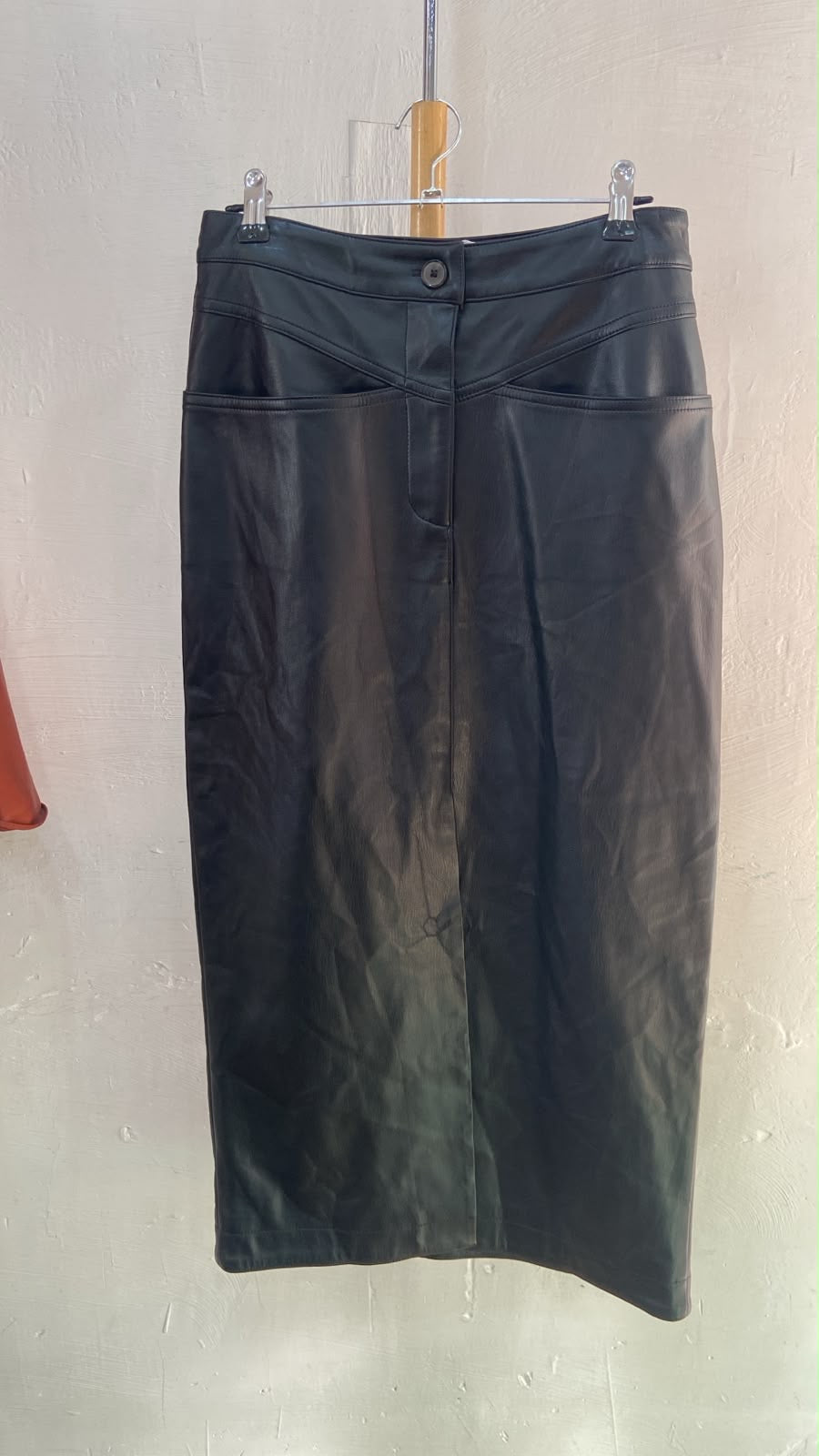 Black High-Waist Leather Midi Skirt with Front Seam