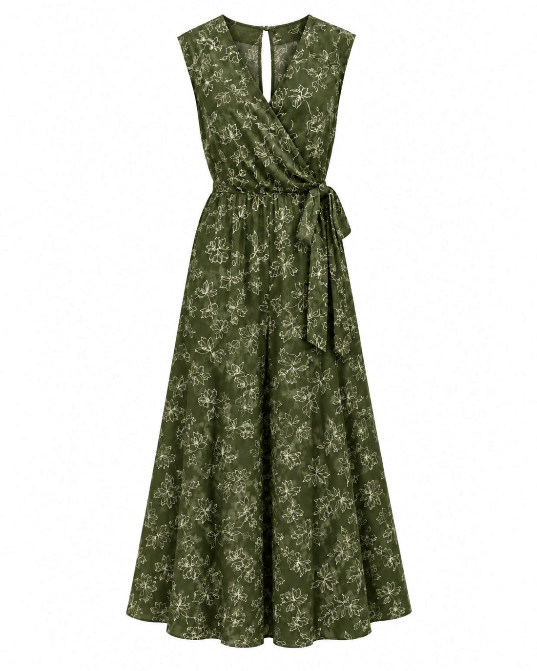 Vestido maxi Yanet Collective verde con estampado floral blanco, manga corta y cintura ajustable con lazo