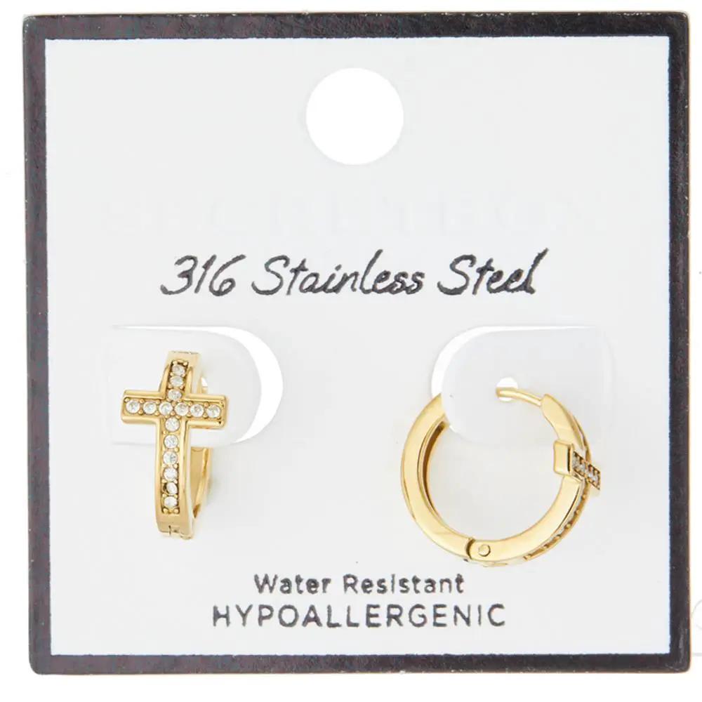 Arracadas Huggie de Acero Inoxidable con Cruz Pavé by Joia Accessory