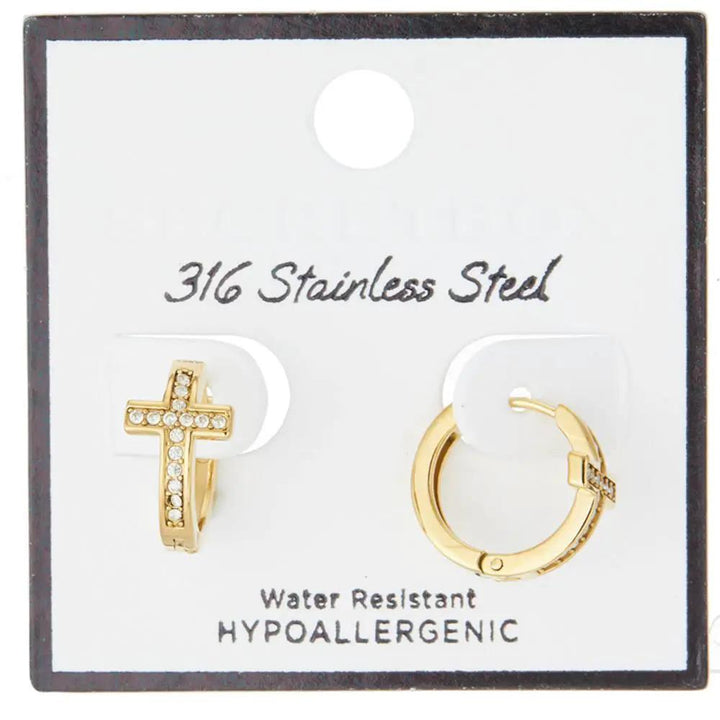 Arracadas Huggie de Acero Inoxidable con Cruz Pavé by Joia Accessory
