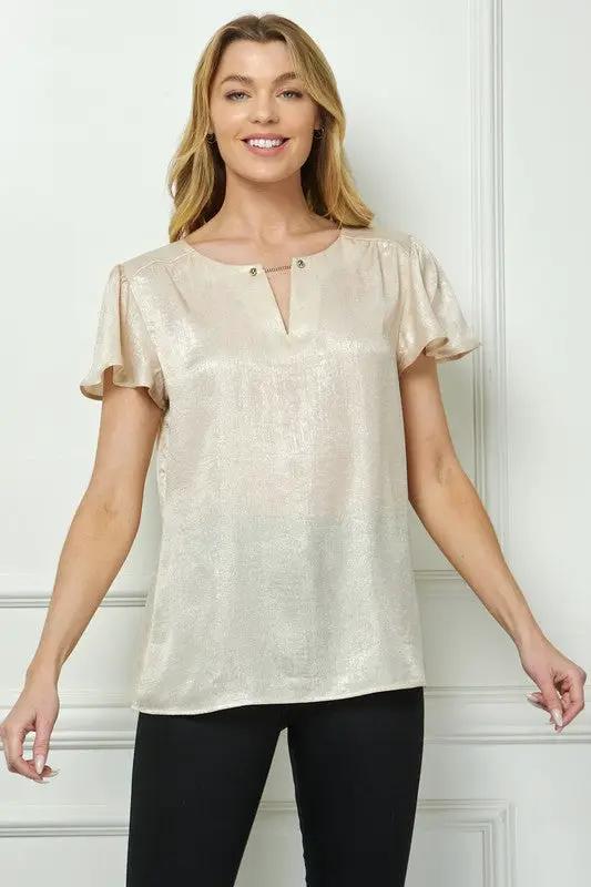 Blusa Elegante con Manga Lentejuelas y Detalle Dorado Beige by Yanet Collective