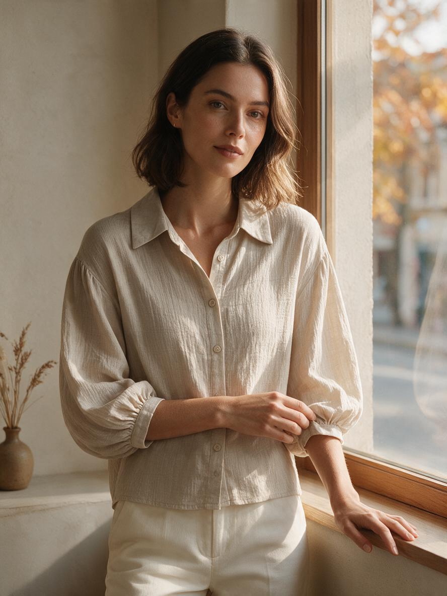 Camisa de Manga Larga Color Beige con Botones