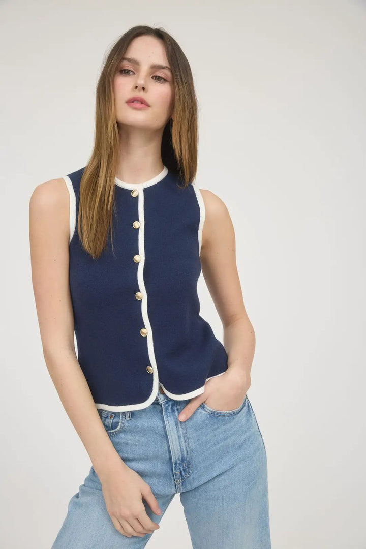 Blusa Top Tejido Azul Contraste Blanco Abotonado by Yanet Collective