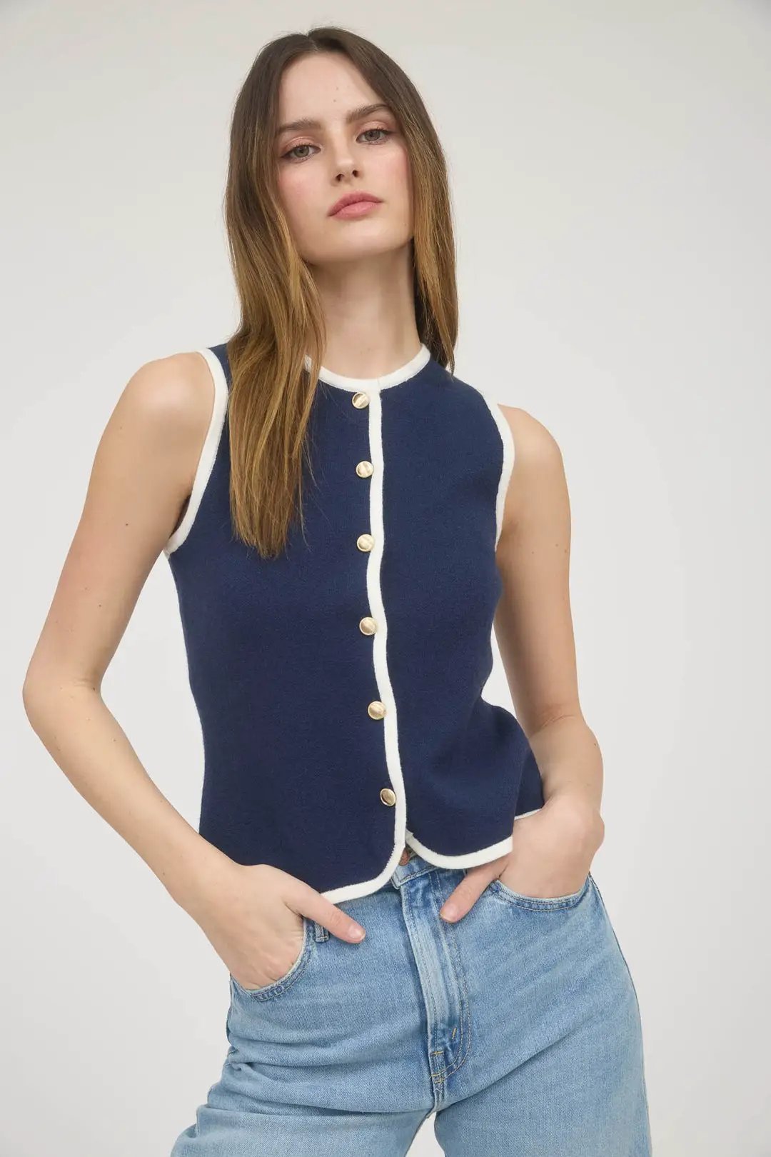 Blusa Top Tejido Azul Contraste Blanco Abotonado by Yanet Collective