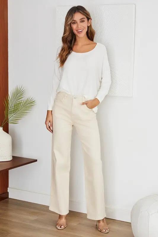 Pantalón Jeans Tiro Alto Corte Recto Mujer Beige Blanco by Yanet Collective