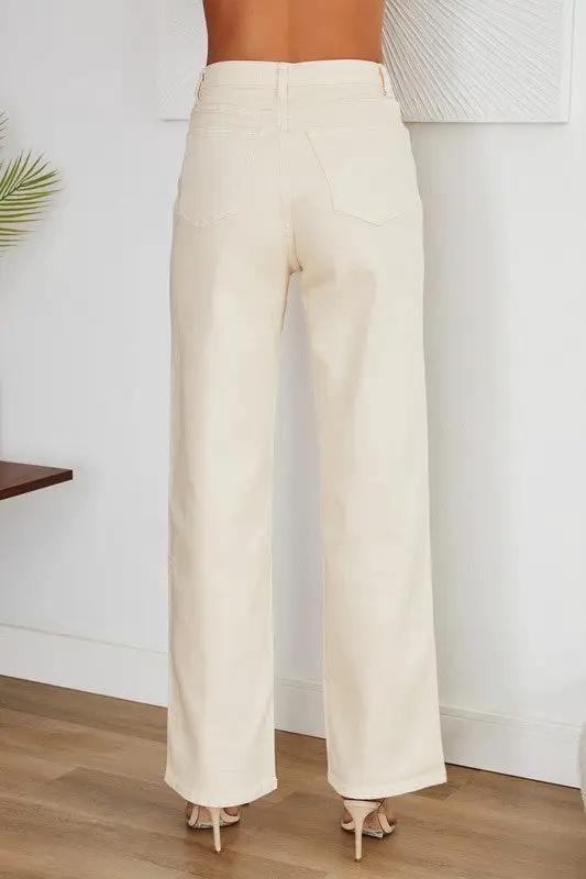 Pantalón Jeans Tiro Alto Corte Recto Mujer Beige Blanco by Yanet Collective
