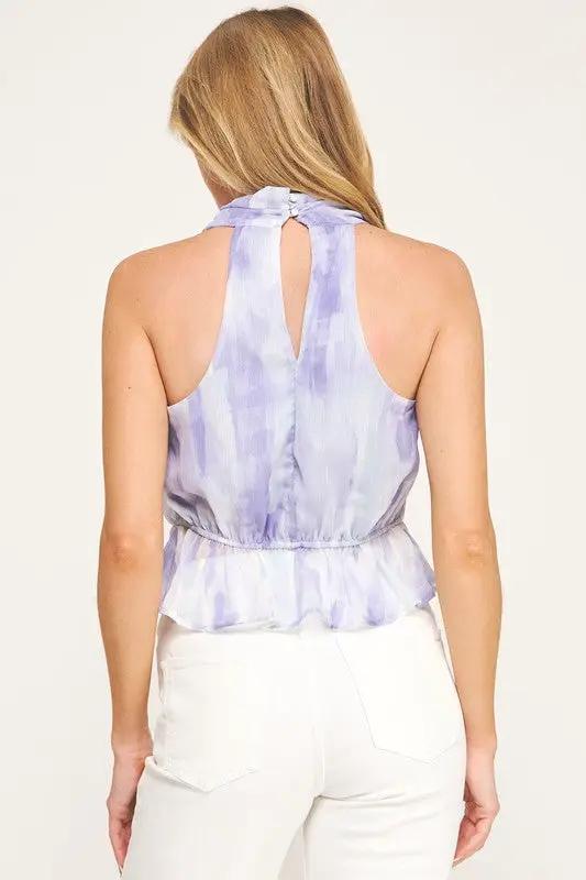 Blusa lila sin mangas estampada con brillo de Yoryu con peplum - Elegancia y estilo by Yanet Collective