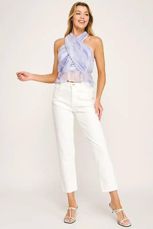 Blusa lila sin mangas estampada con brillo de Yoryu con peplum - Elegancia y estilo by Yanet Collective