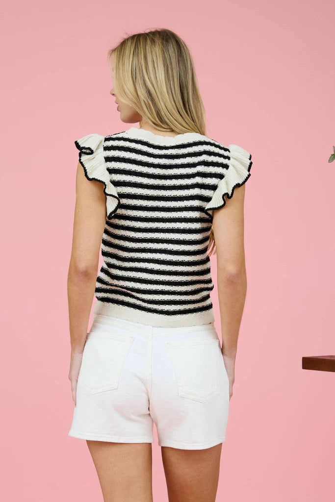 Black and White Striped Knit Top with Ruffle Sleeves