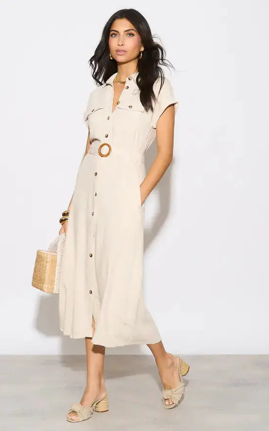Vestido Midi Lino Beige Cinturon Cafe by Yanet Collective