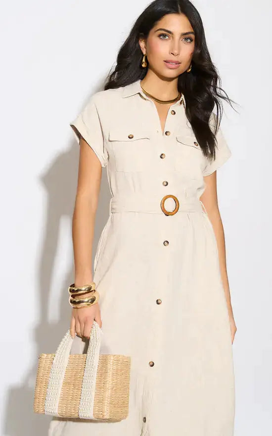 Vestido Midi Lino Beige Cinturon Cafe by Yanet Collective