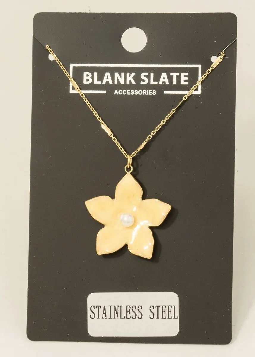 Stainless Steel Pearl Stud Enamel Flower Pendant Necklace by Fame Accessories