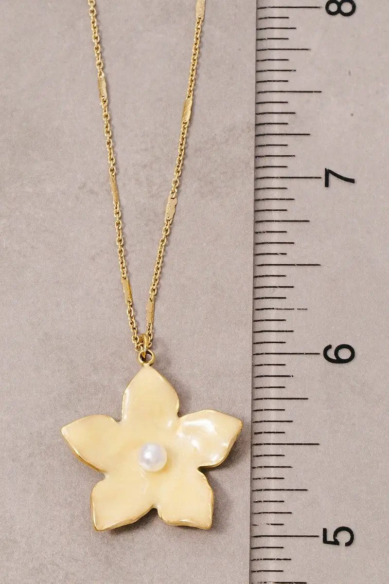 Stainless Steel Pearl Stud Enamel Flower Pendant Necklace by Fame Accessories