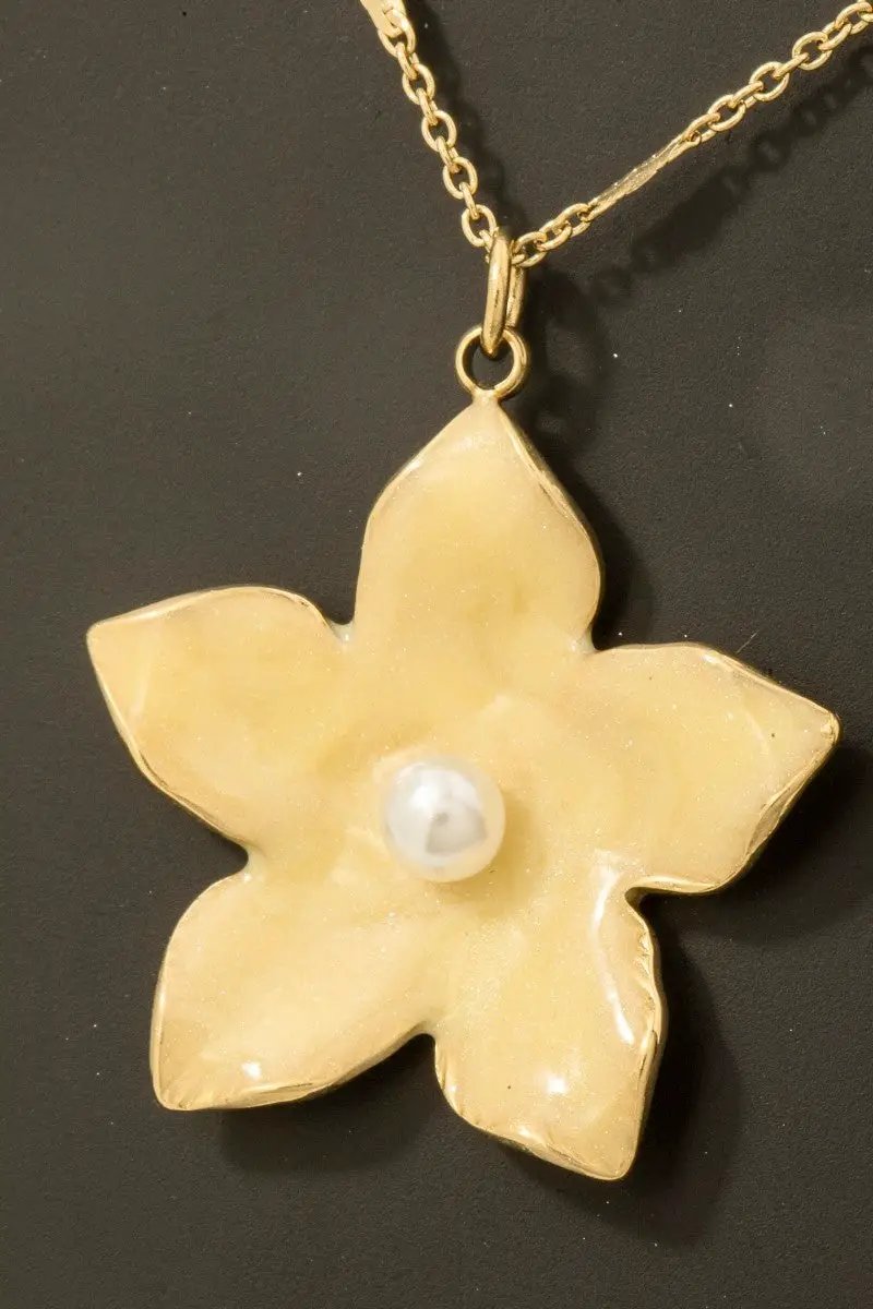 Stainless Steel Pearl Stud Enamel Flower Pendant Necklace by Fame Accessories