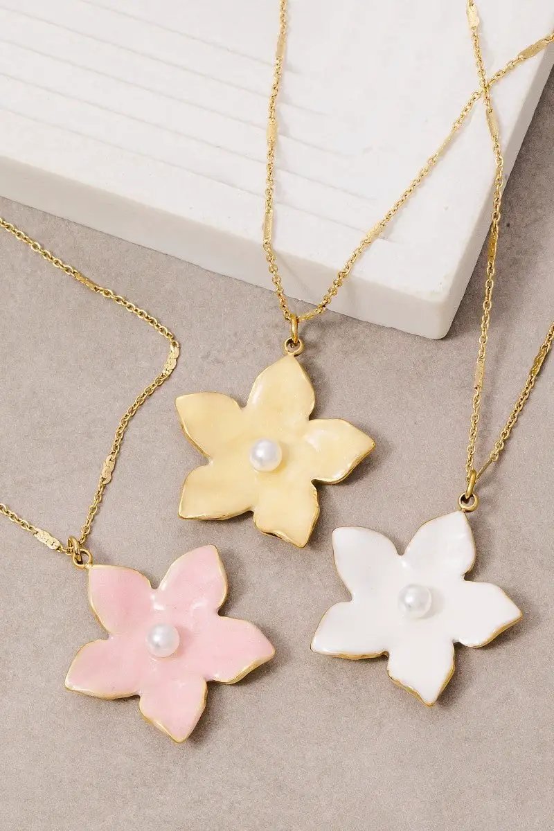 Stainless Steel Pearl Stud Enamel Flower Pendant Necklace by Fame Accessories
