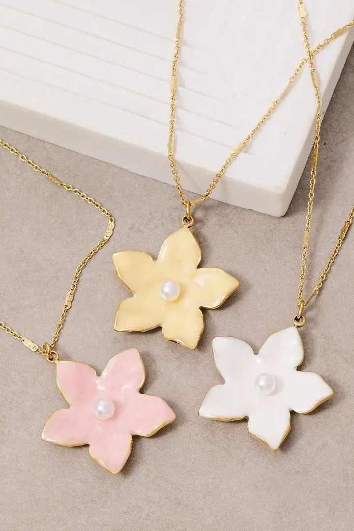 Stainless Steel Pearl Stud Enamel Flower Pendant Necklace by Fame Accessories