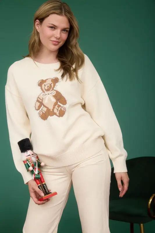 Suéter Osito de Peluche Beige Tejido Jacquard Cuello Redondo para mujer by Blu Pepper