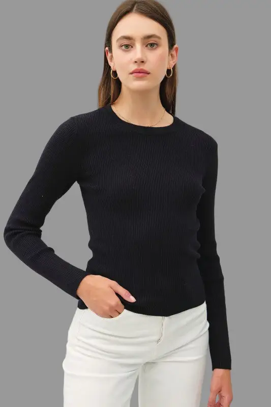 Suéter Blusa acanalado básico de manga larga con cuello redondo para mujer Negro by Be Cool