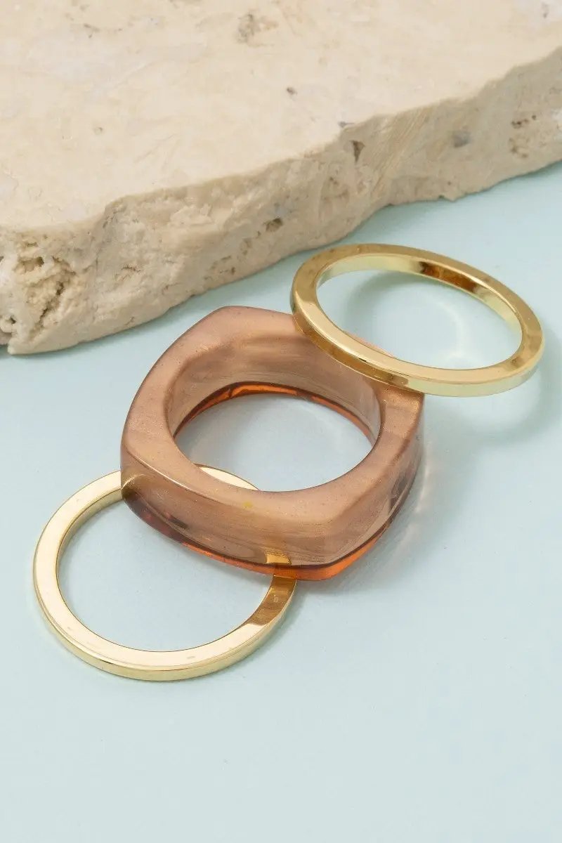 Square Acrylic And Metallic Layered Band Rings Set by Fame Accessories