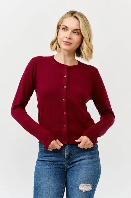 Cárdigan de Dama con Cuello Redondo y Botones - Estilo Clásico Rojo Burgundy by Cielo